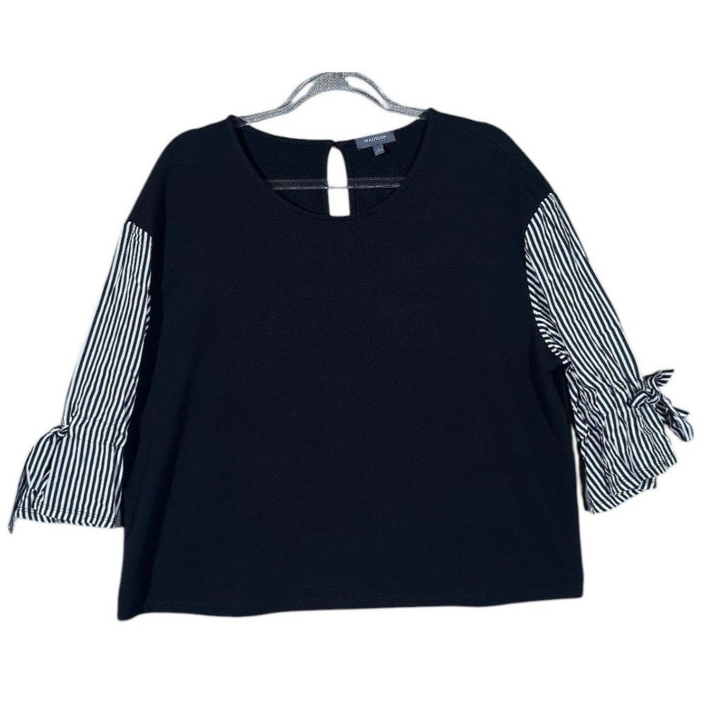 Madison Mixed Media Top Women L Black White Striped Bell Sleeve Tie Keyhole Back